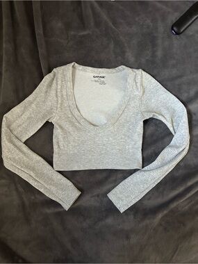 Garage Light Gray Ribbed Scoop-Neck Long Sleeve Crop Top